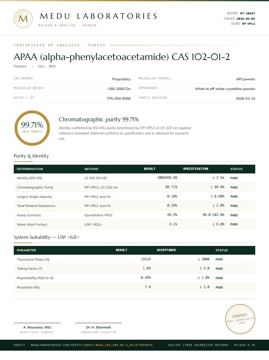 APAA (alpha-phenylacetoacetamide) CAS 102-01-2 Purity Test Report by Medutest