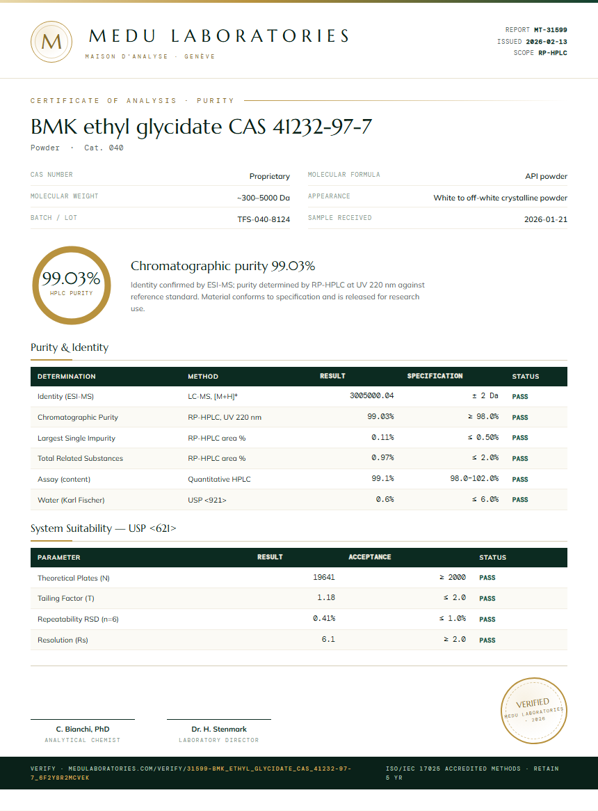 BMK ethyl glycidate CAS 41232-97-7 Purity Test Report by Medutest