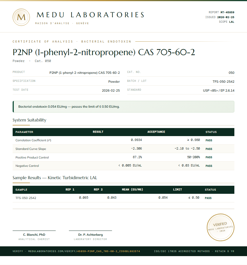 P2NP (1-phenyl-2-nitropropene) CAS 705-60-2 Endotoxin report by Medutest