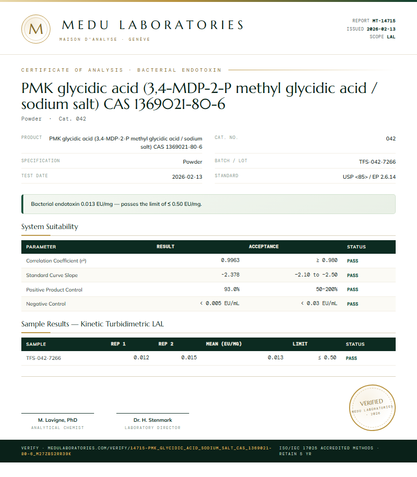PMK glycidic acid (3,4-MDP-2-P methyl glycidic acid / sodium salt) CAS 1369021-80-6 Endotoxin report by Medutest