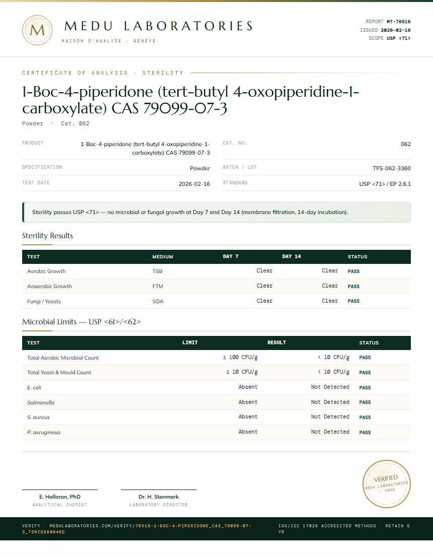 1-Boc-4-piperidone (tert-butyl 4-oxopiperidine-1-carboxylate) CAS 79099-07-3 Sterility report by Medutest
