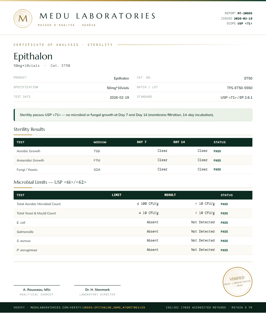 Epithalon Sterility report by Medutest
