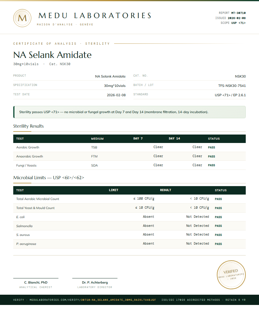 NA Selank Amidate Sterility report by Medutest